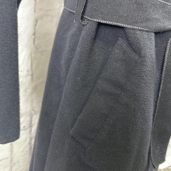 Made in France Black Felt Trench Coat Wide Collar Open Front Belted with Pockets - Picture 5 of 12